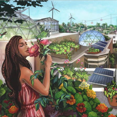 Brunette woman smelling a flower in front of a solarpunk city