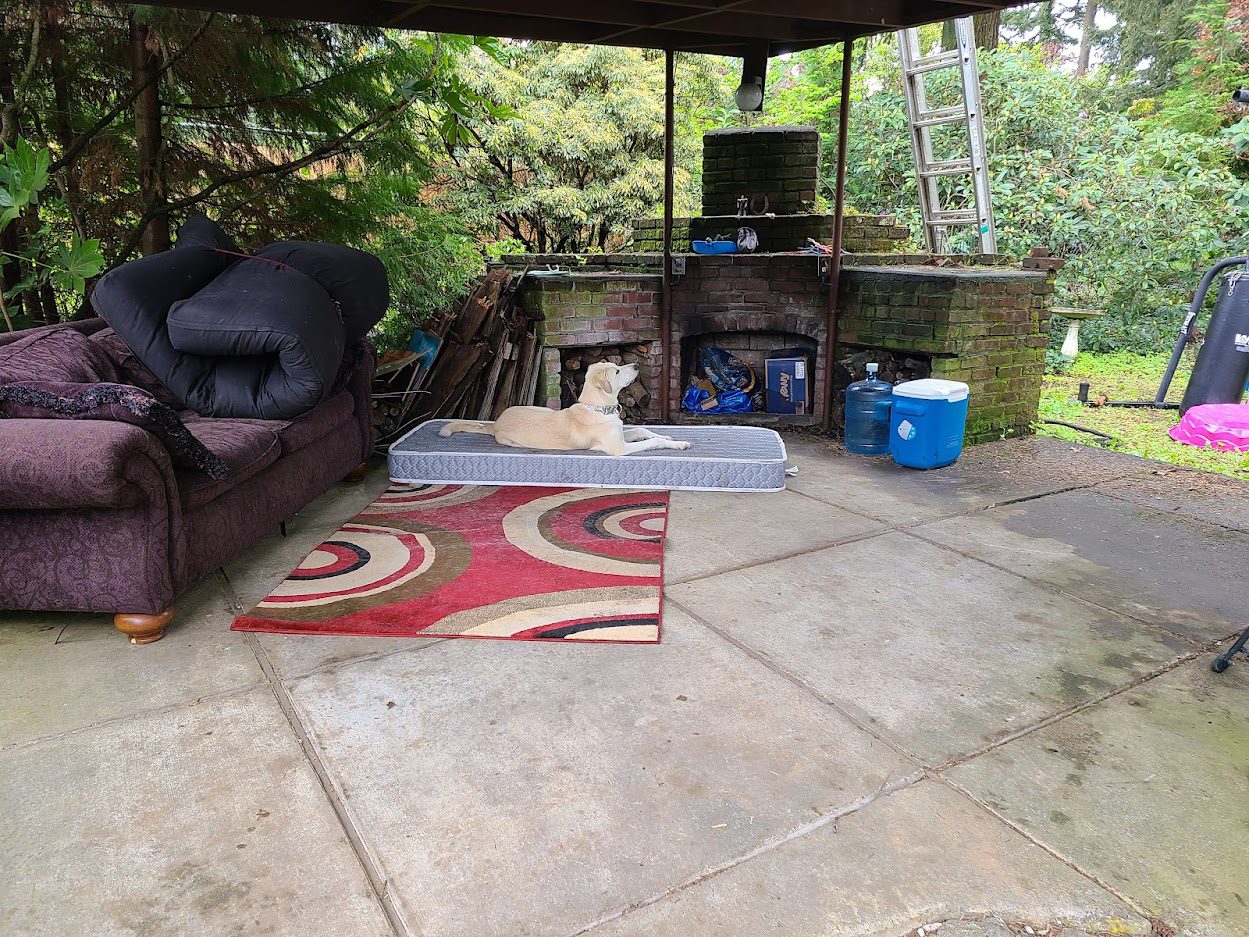 Covered outdoor kitchen with purple sofa and funky red rug